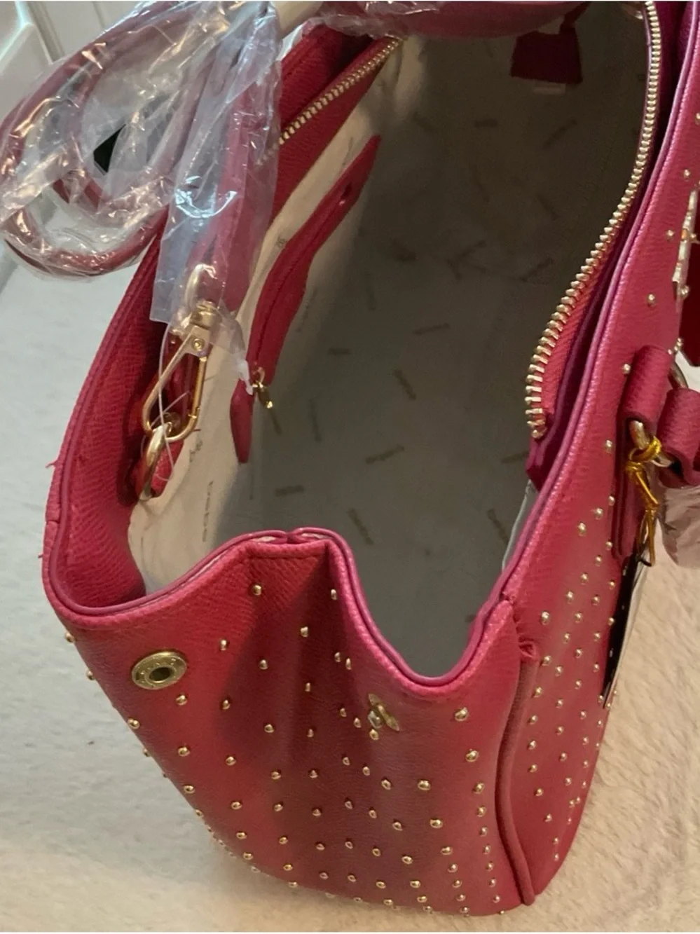 bebe Hot Pink Studded Satchel with Gold Hardware